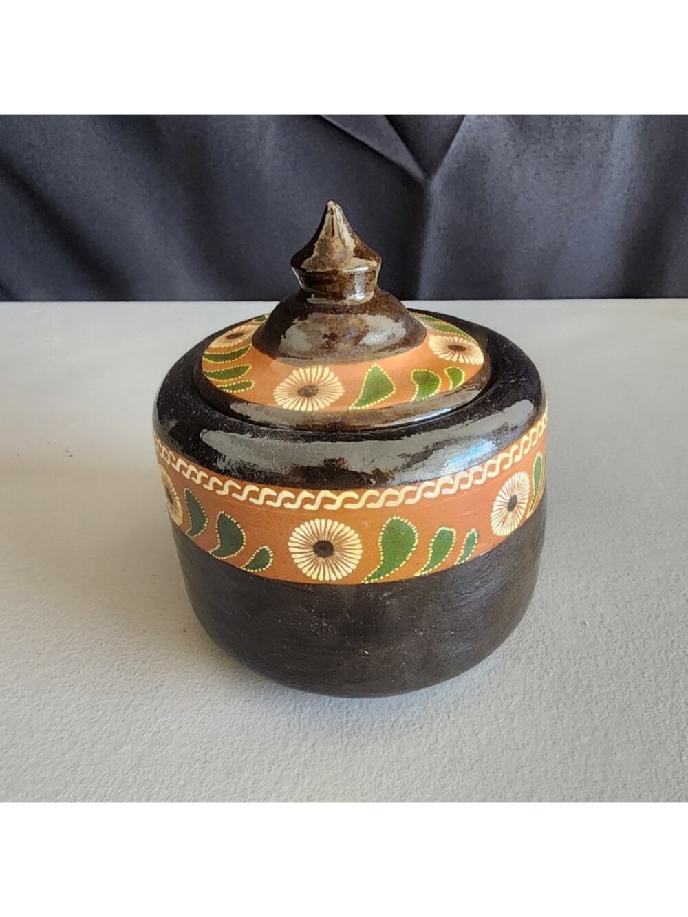 Vintage Tlaquepaque Mexican Redware Sugar Bowl with Lid - Hand Painted Folk Art